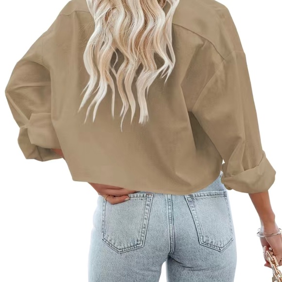 Boyfriend Crop Button Shirt, Casual Pocket Long Sleeve Shirt For Spring & summer - Picture 3 of 3